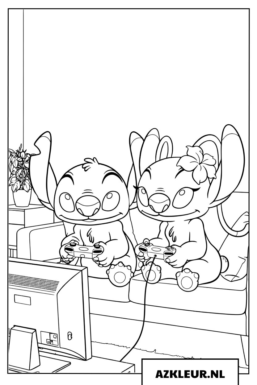 Kleurplaat Stitch en Angel spelen videospelletjes