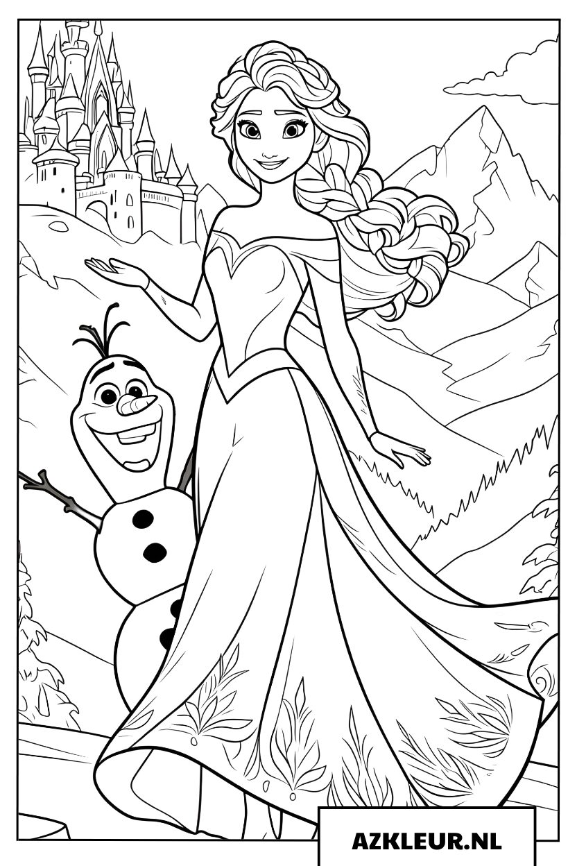 Koningin Elsa en Olaf bij het ijskasteel Kleurplaat