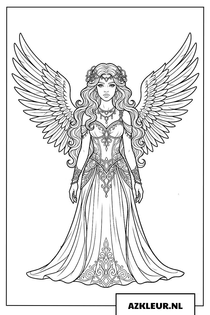 Prachtige godin met grote engelenvleugels Kleurplaat
