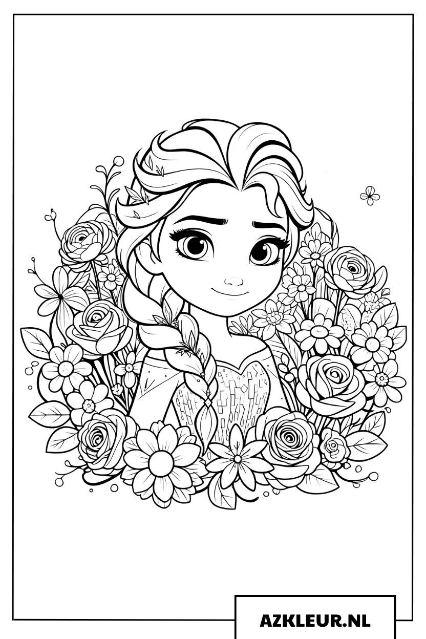 Prinses Elsa prachtig omringd door bloemen Kleurplaat
