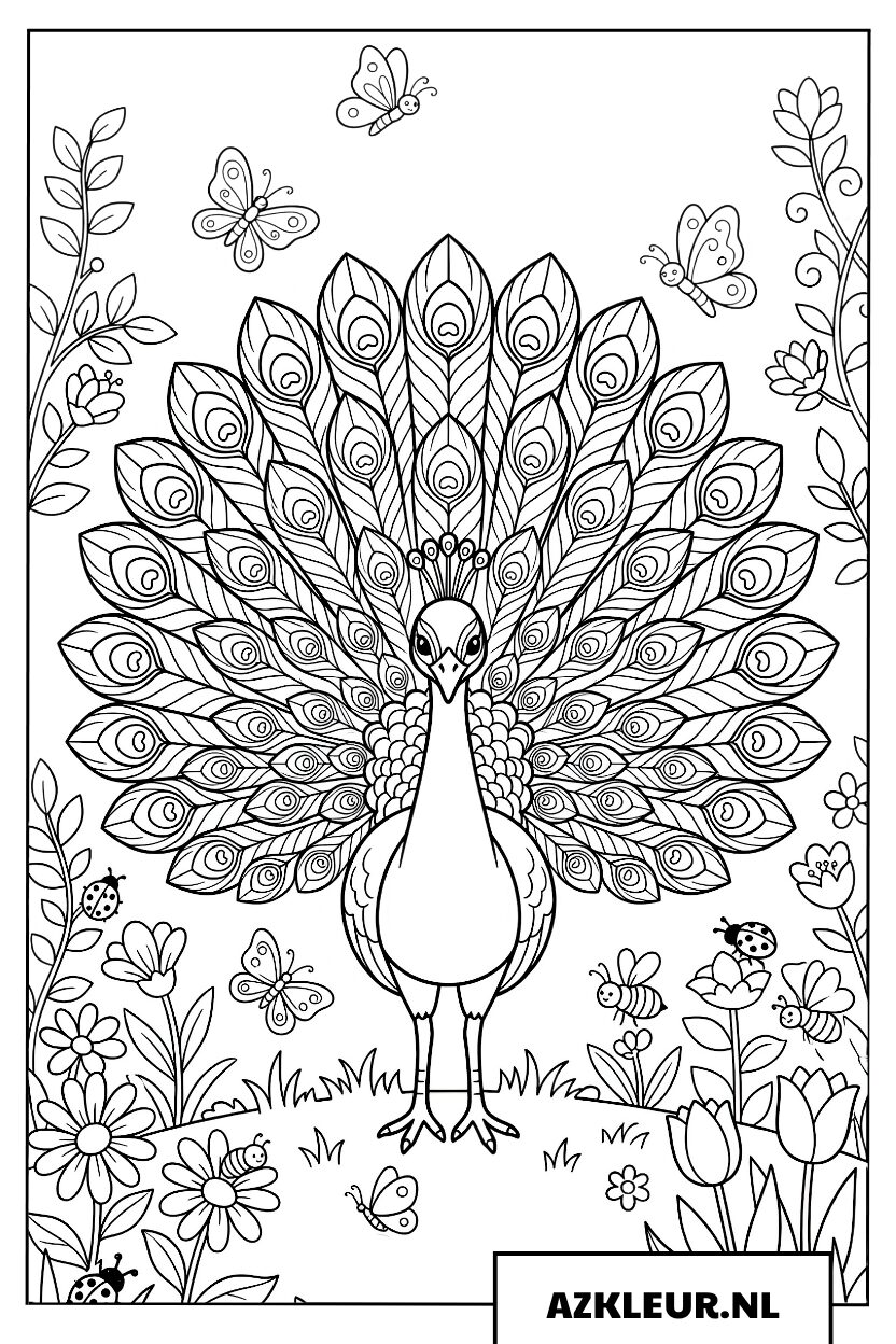 Schitterende pauw tussen de lentebloemen Kleurplaat