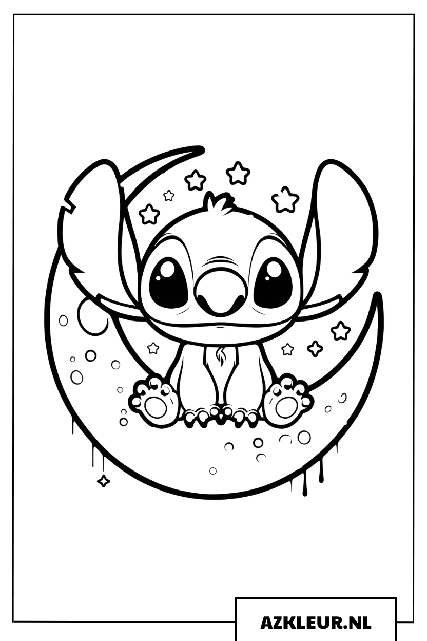 Stitch op de maan tussen de sterren Kleurplaat