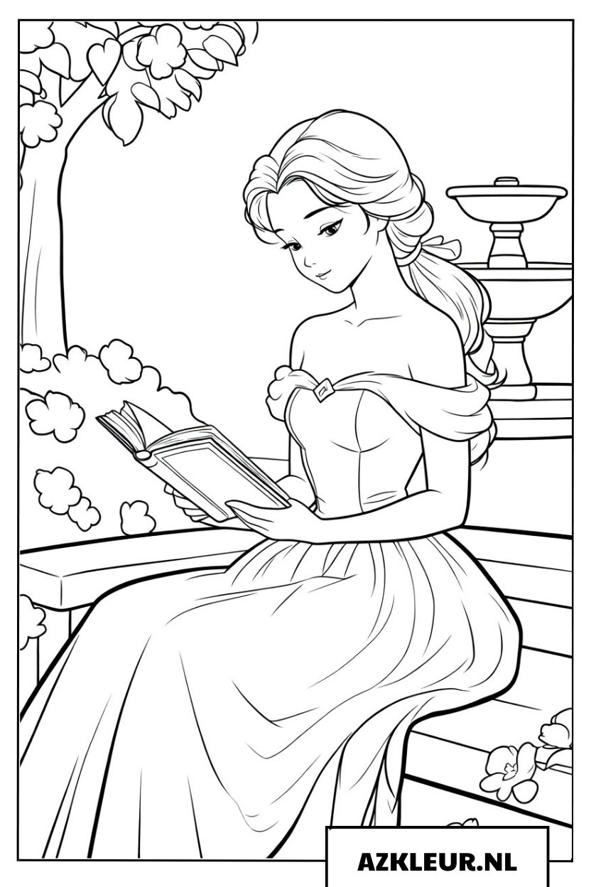 Kleurplaat Belle en het Beest Belle leest een boek