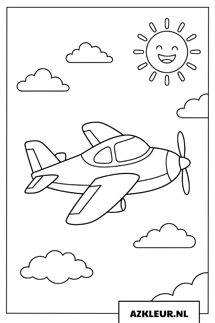 Kleurplaat Cartoonvliegtuig vliegt in de wolken