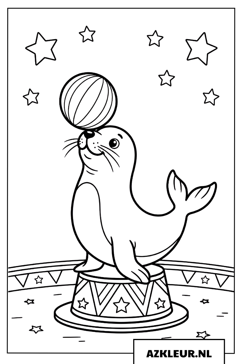 Kleurplaat Circuszeehond balanceert een bal
