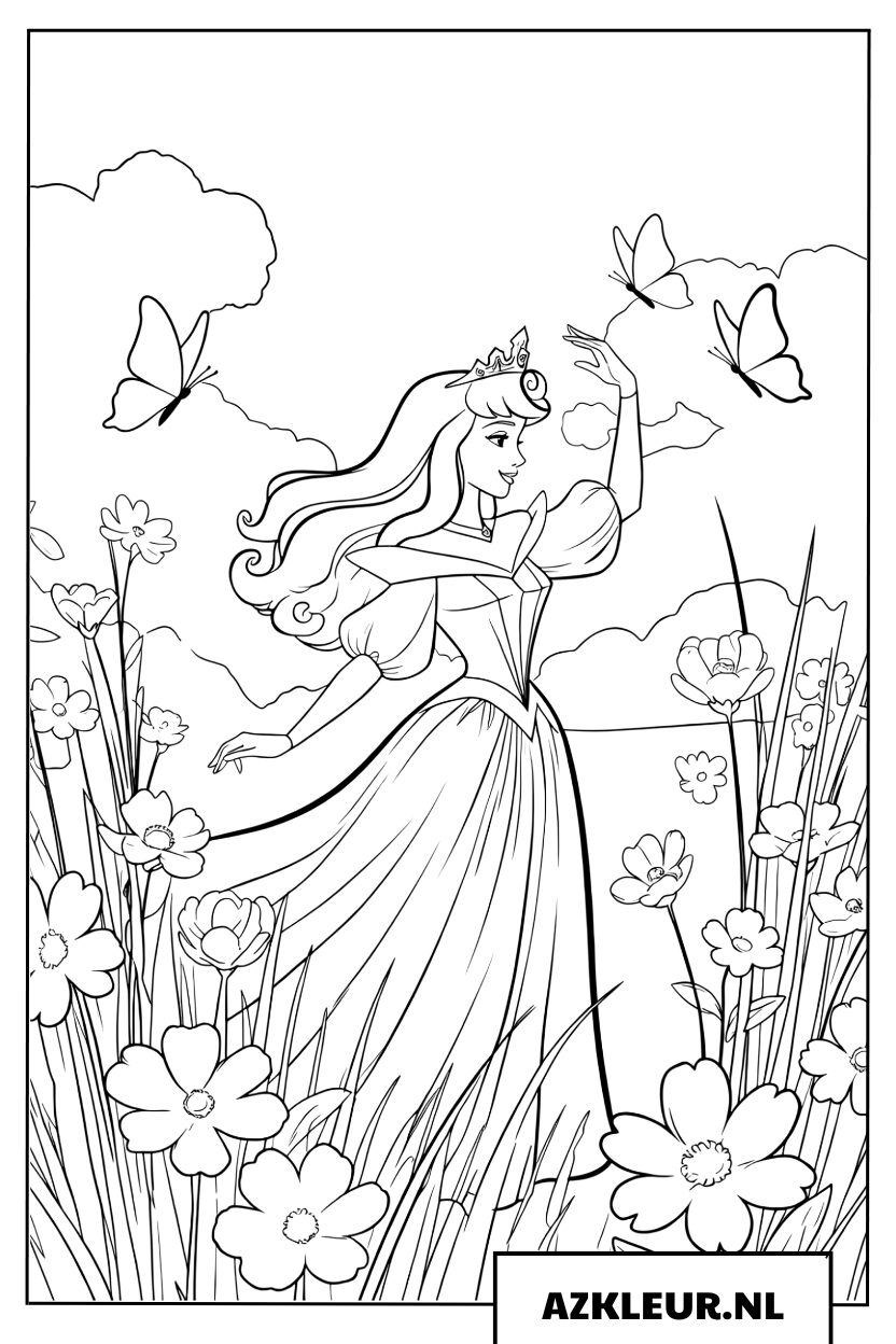 Kleurplaat Doornroosje en de vlinders