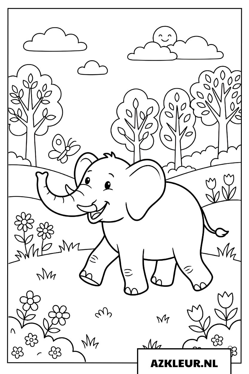 Kleurplaat Olifantje en vlinders in de wei