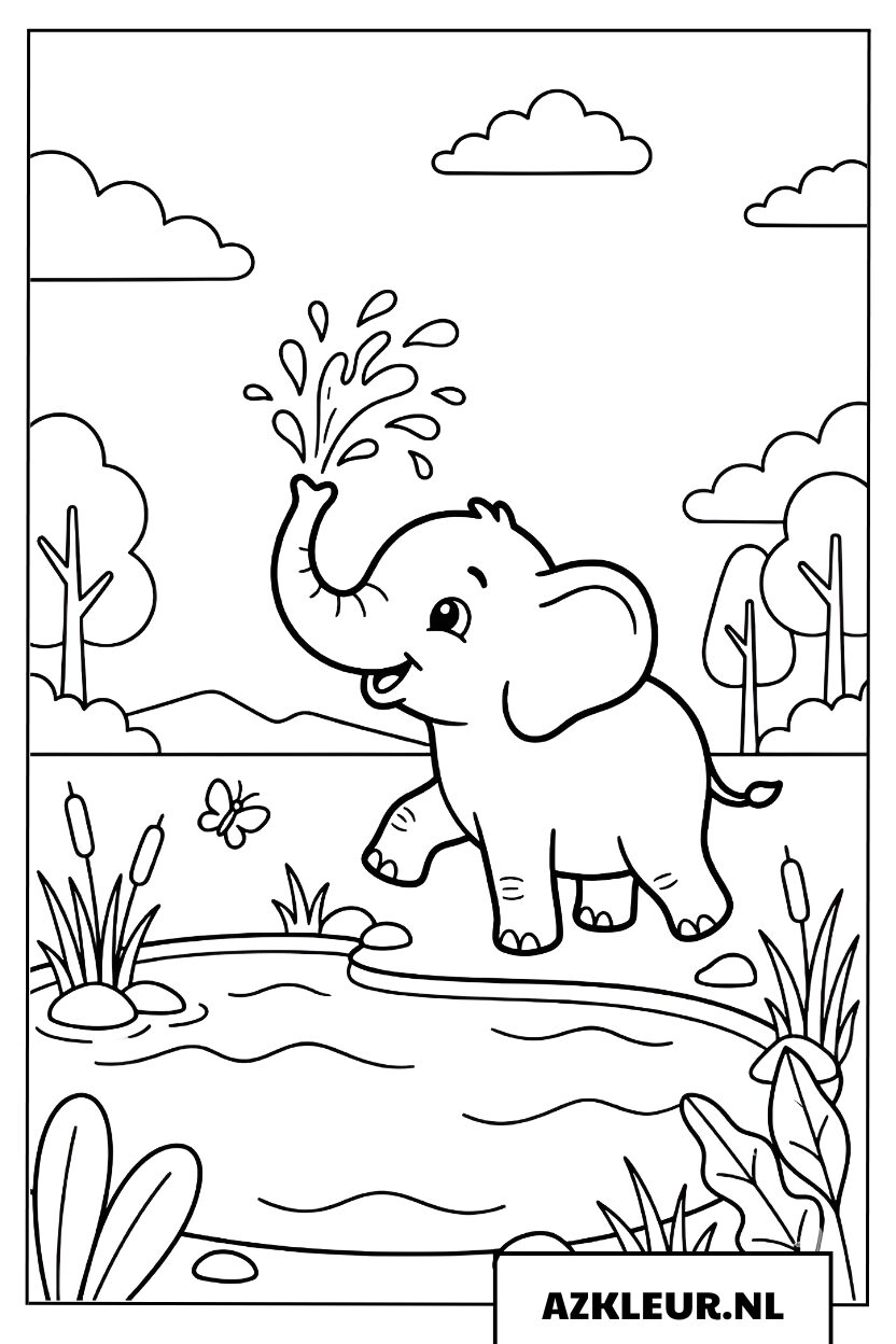 Kleurplaat Olifantje spuit water in het meer