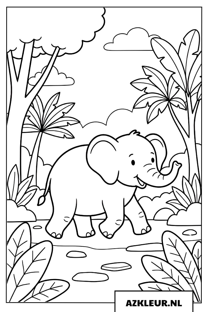 Kleurplaat Olifantje wandelt in het bos