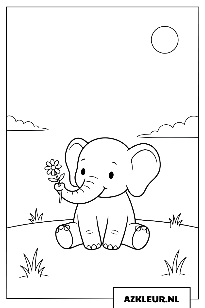 Kleurplaat Olifantje zit en houdt een bloem vast