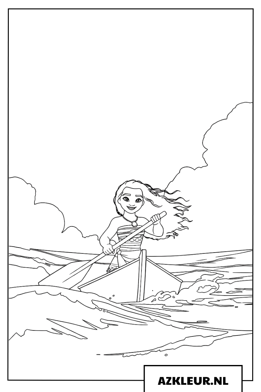 Kleurplaat Prinses Moana roeit in een boot op zee