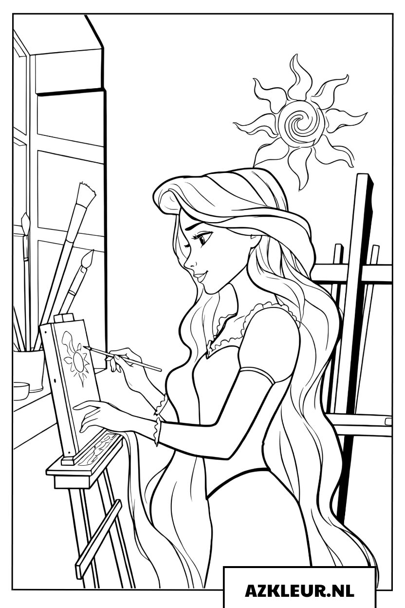 Kleurplaat Prinses Rapunzel disney is aan het schilderen