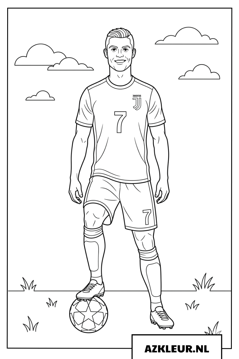 Kleurplaat Voetballer Ronaldo staat met de bal