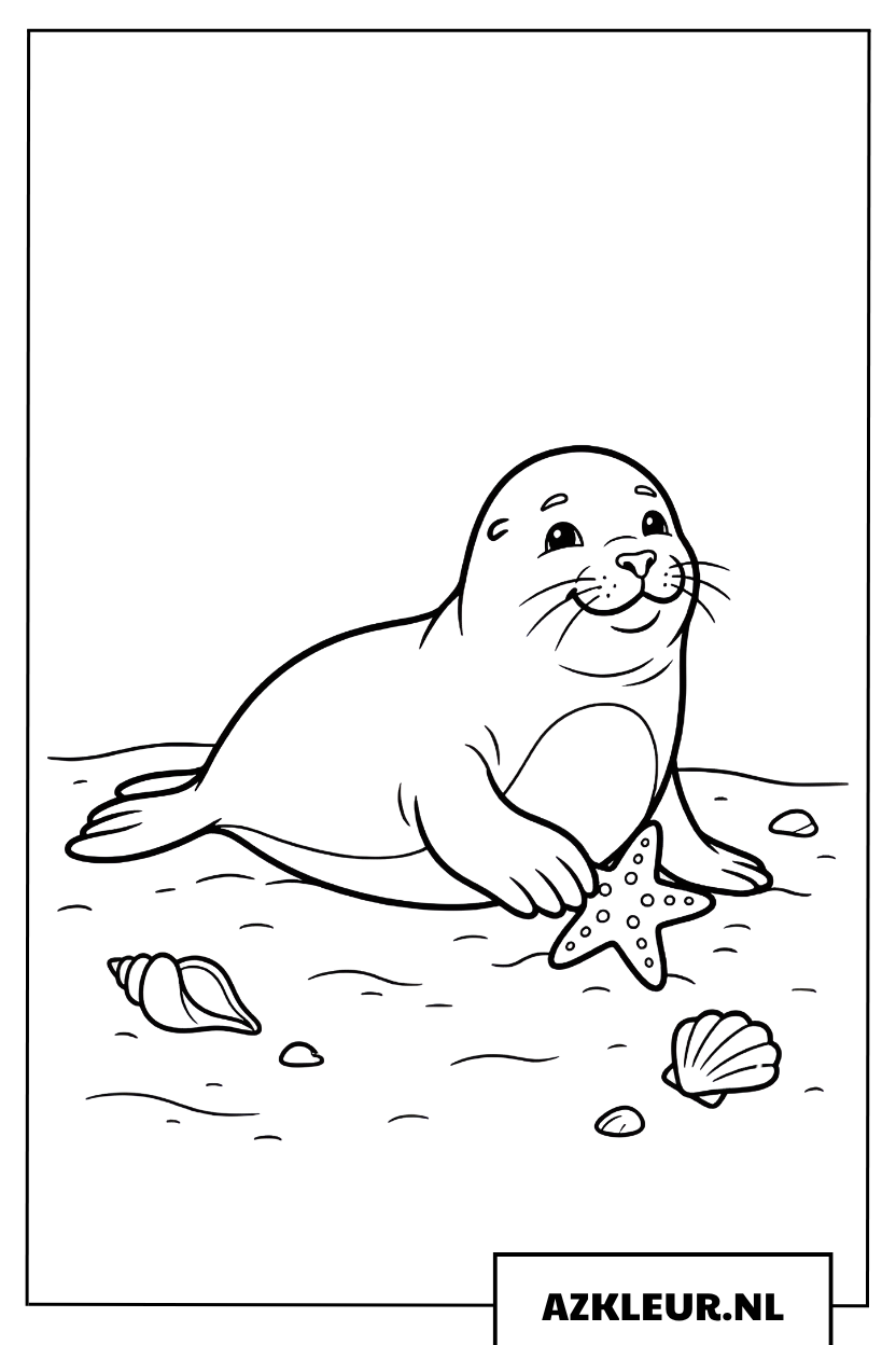 Kleurplaat Zeehond en zeester op het strand