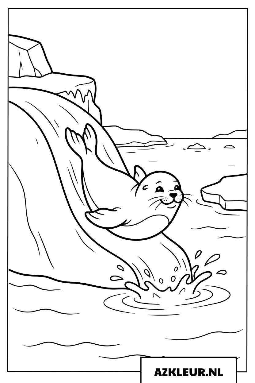 Kleurplaat Zeehond glijdt op het ijs