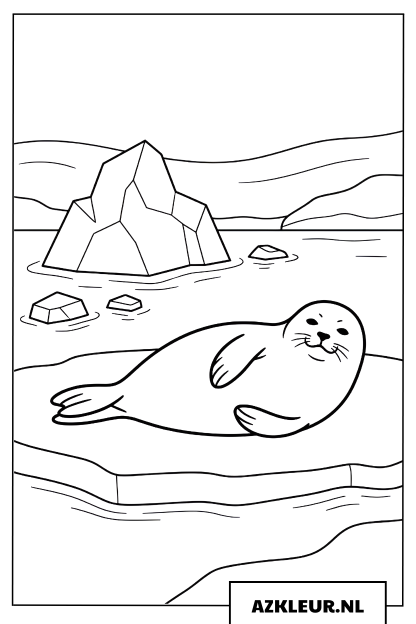Kleurplaat Zeehond ligt op een ijsberg