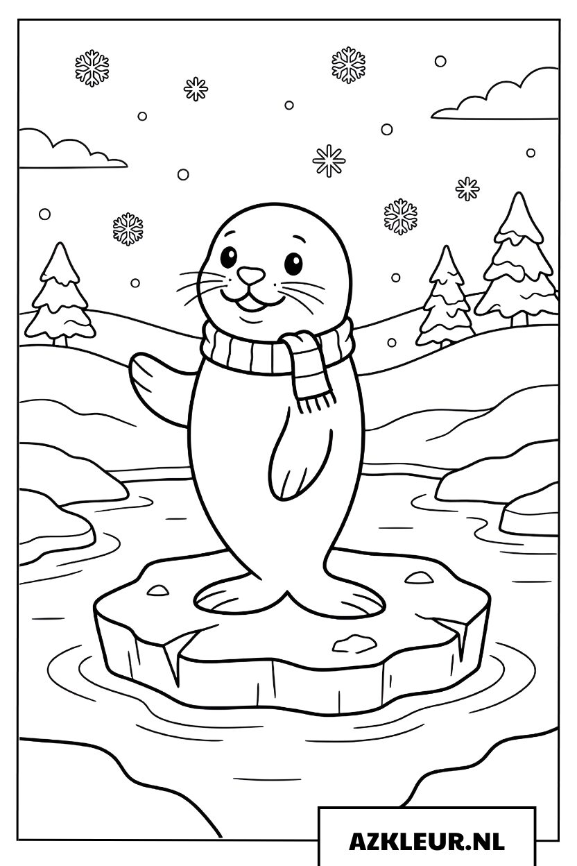 Kleurplaat Zeehond met een wollen sjaal in de sneeuw