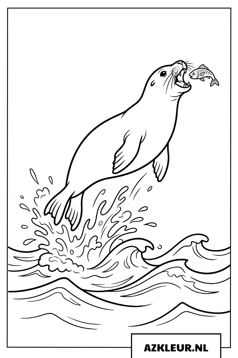 Kleurplaat Zeehond springt om een vis te vangen