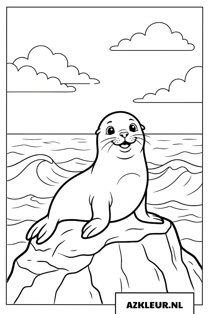 Kleurplaat Zeehond zit op een rots