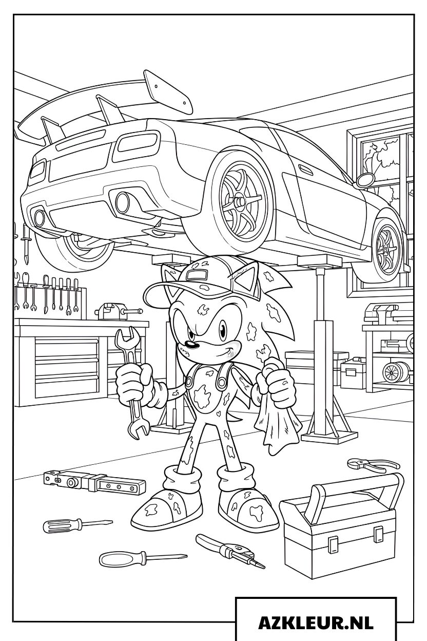 Kleurplaat của Sonic de Egel als monteur die een auto repareert in de garage