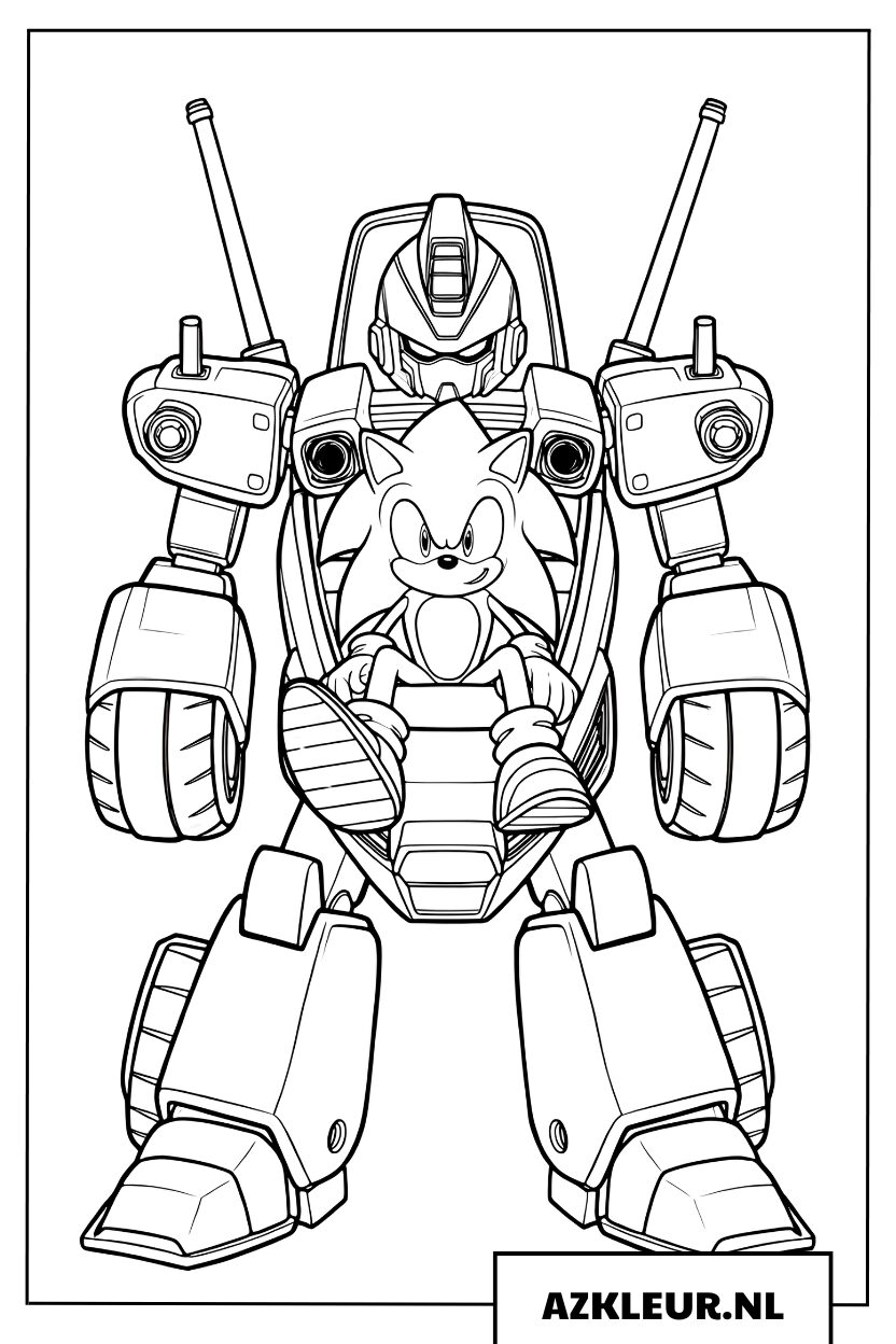 Kleurplaat của Sonic de Egel die de controle overneemt van một chiếc gigantische robot