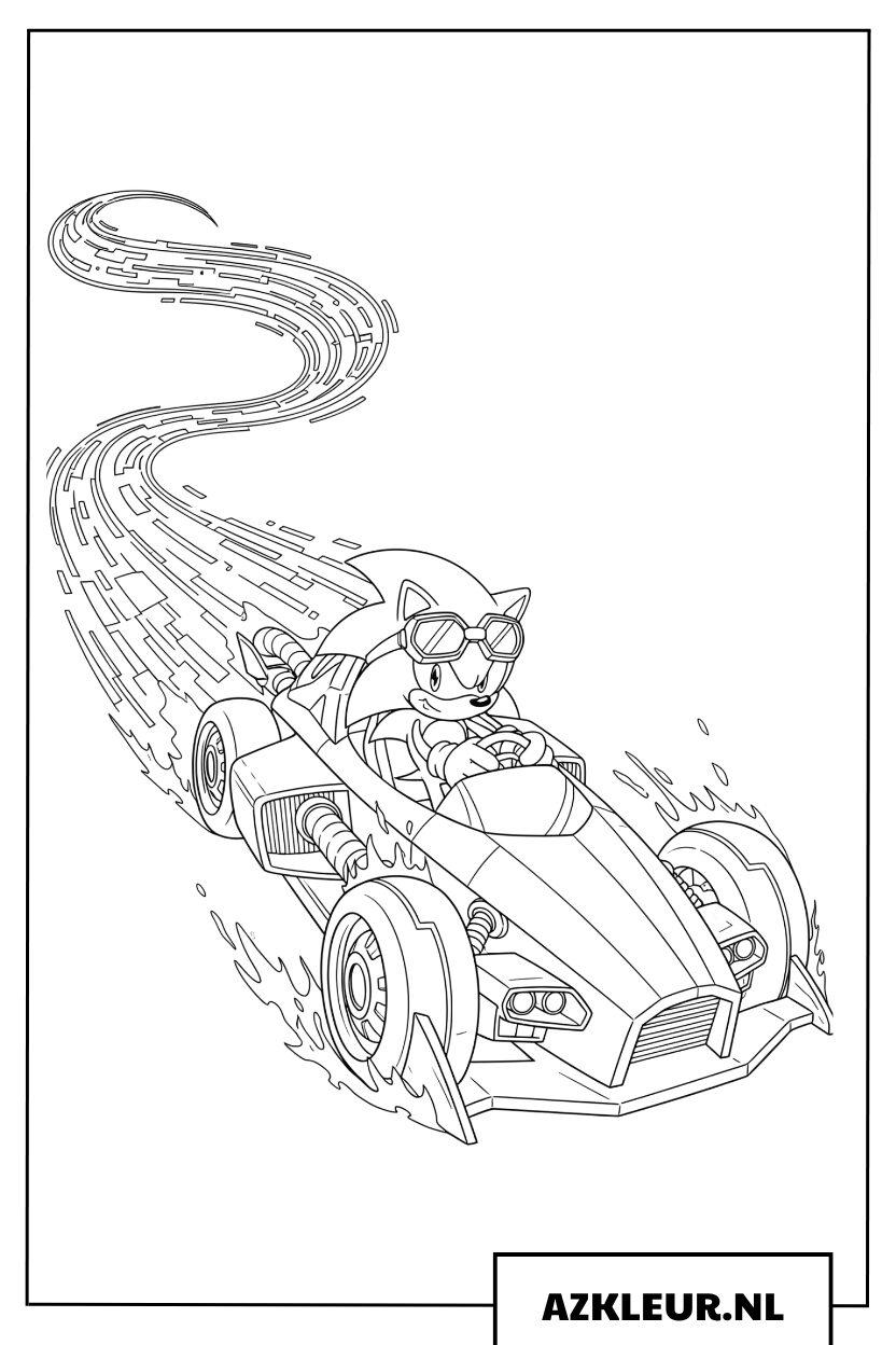 Kleurplaat của Sonic de Egel die een futuristische, gestroomlijnde raceauto bestuurt