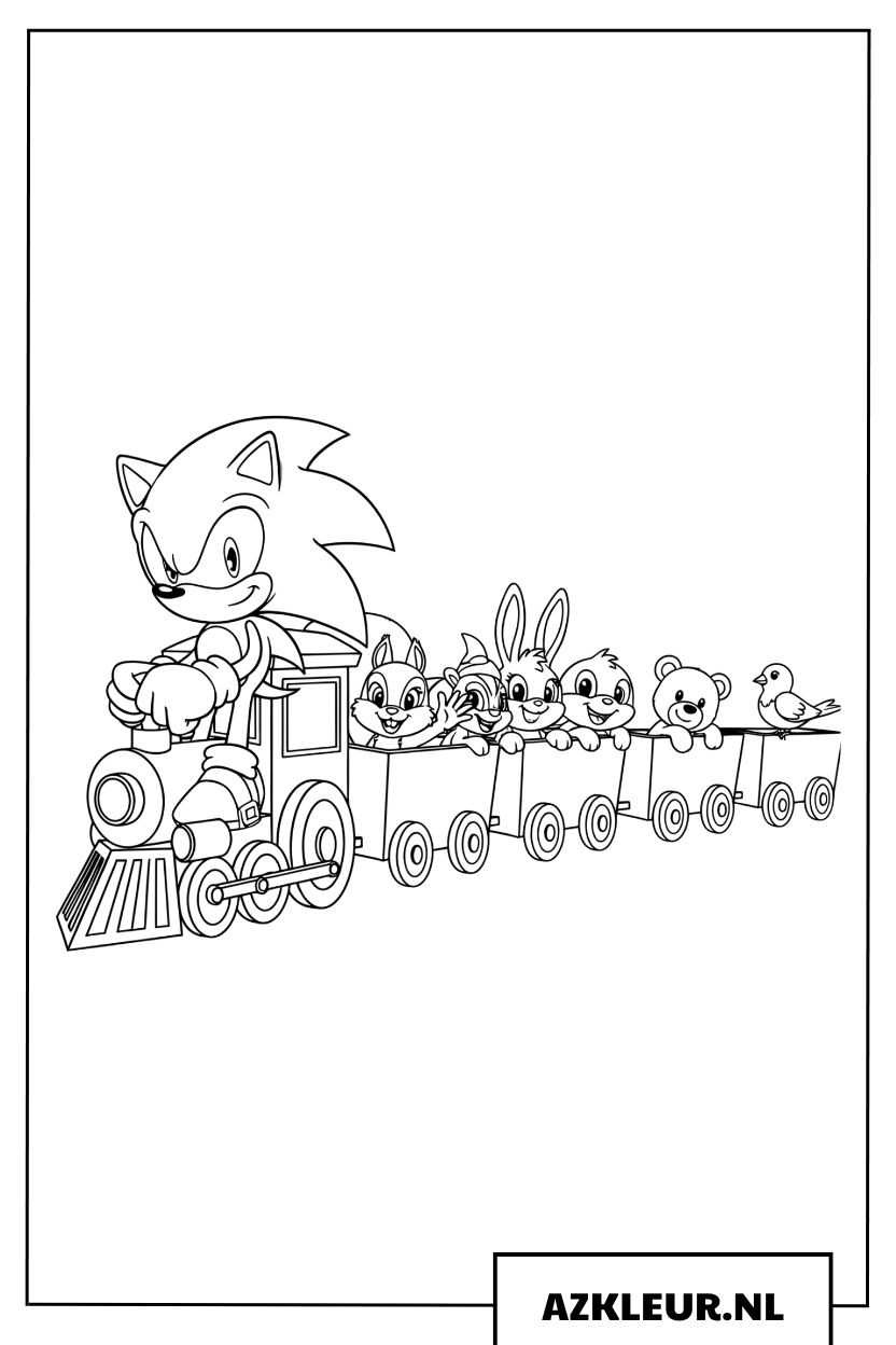 Kleurplaat của Sonic de Egel die met een feestelijke stoomtrein vol cadeautjes rijdt