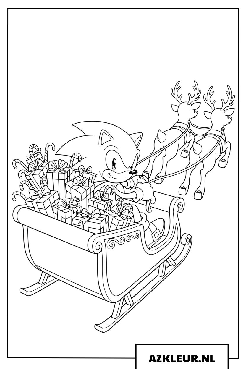 Kleurplaat của Sonic de Egel die vrolijk op een kerstslee zit met cadeaus en een rendier