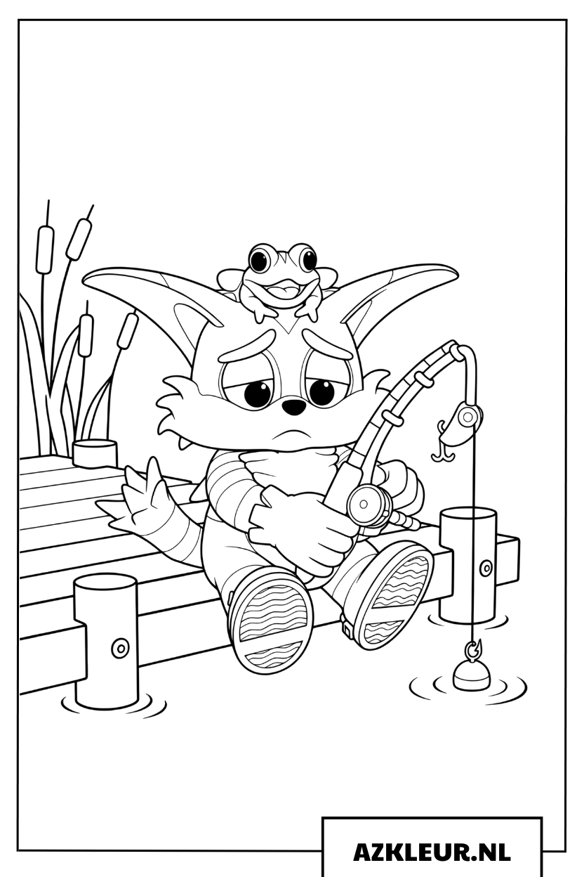 Kleurplaat van Big the Cat die rustig aan het vissen is met zijn vriend Froggy