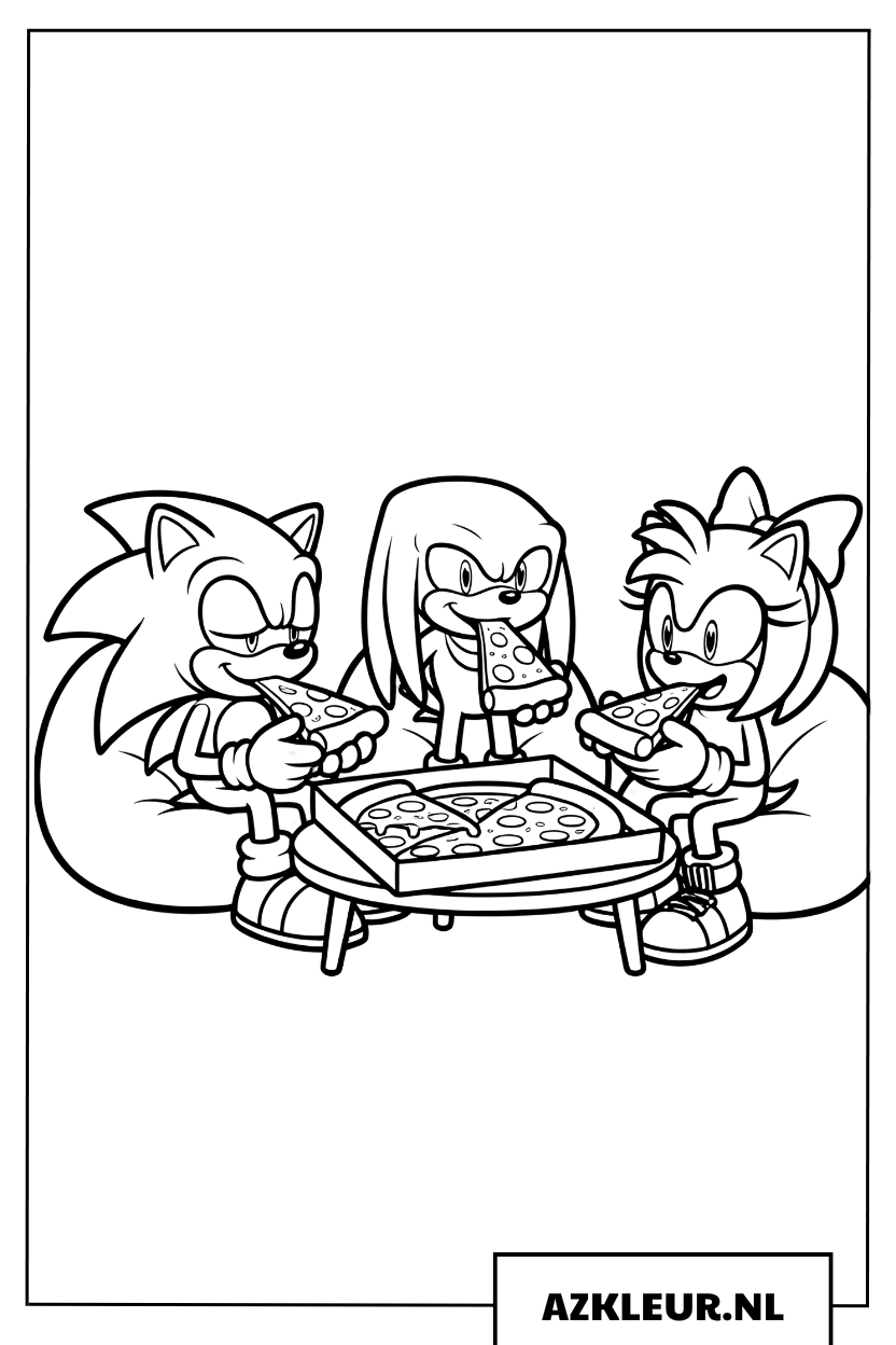 Kleurplaat van Sonic, Knuckles en Amy Rose die smullen van pizza
