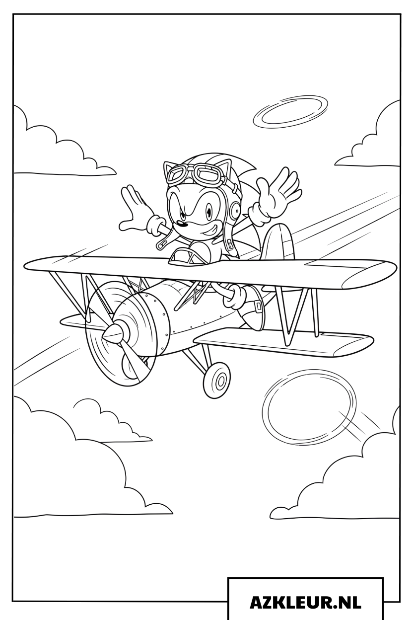 Kleurplaat van Sonic de Egel die dapper met een tweedekker vliegtuig door de lucht vliegt