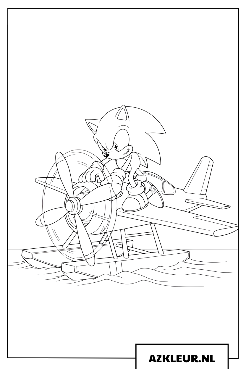 Kleurplaat van Sonic de Egel die een klassiek watervliegtuig bestuurt