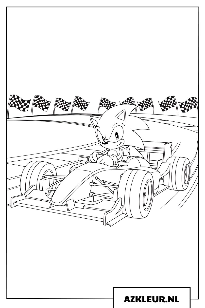 Kleurplaat van Sonic de Egel die met volle snelheid racet in een Formule 1-auto