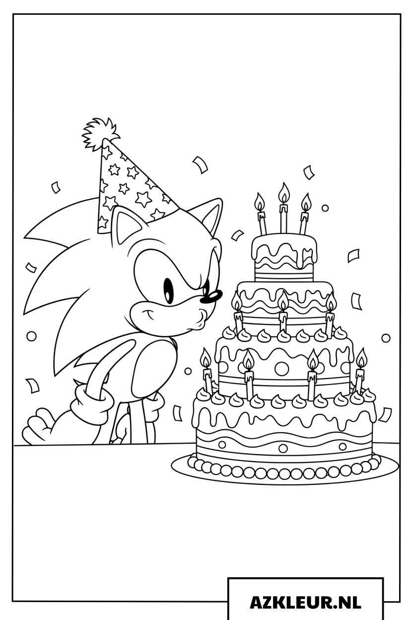 Kleurplaat van Sonic de Egel die zijn verjaardagskaarsjes uitblaast