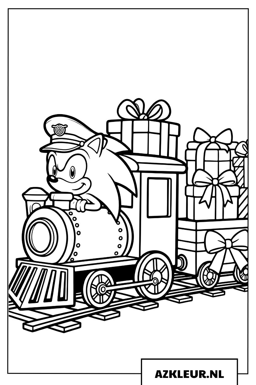 Kleurplaat van Sonic die een feestelijke stoomtrein met cadeaus bestuurt
