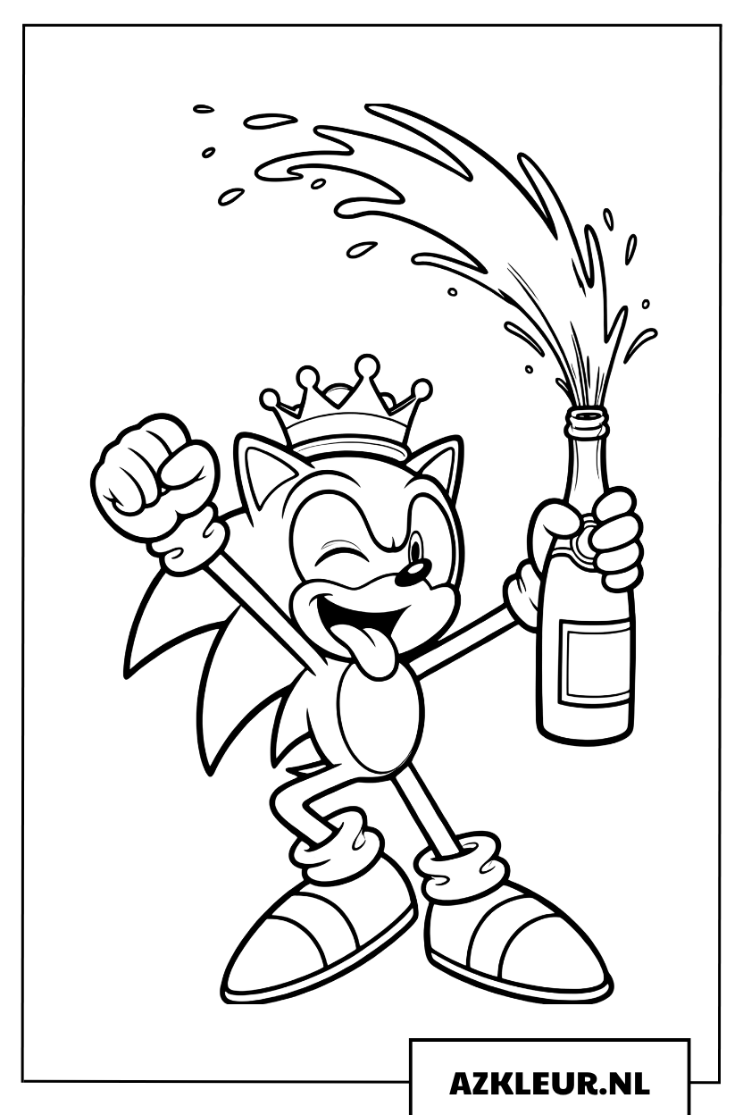 Kleurplaat van Sonic die een fles feestelijk laat knallen om het te vieren