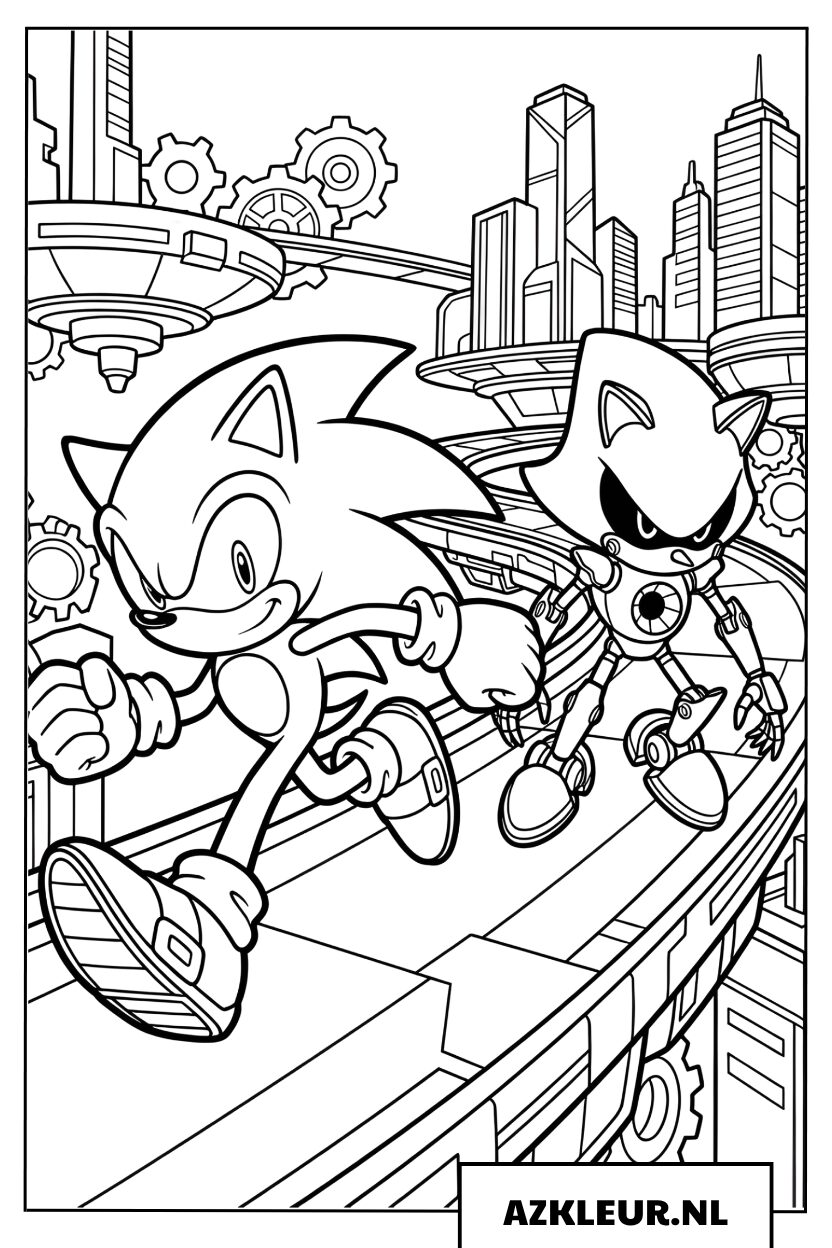 Kleurplaat van Sonic die een spectaculaire race houdt met Metal Sonic in een futuristische stad