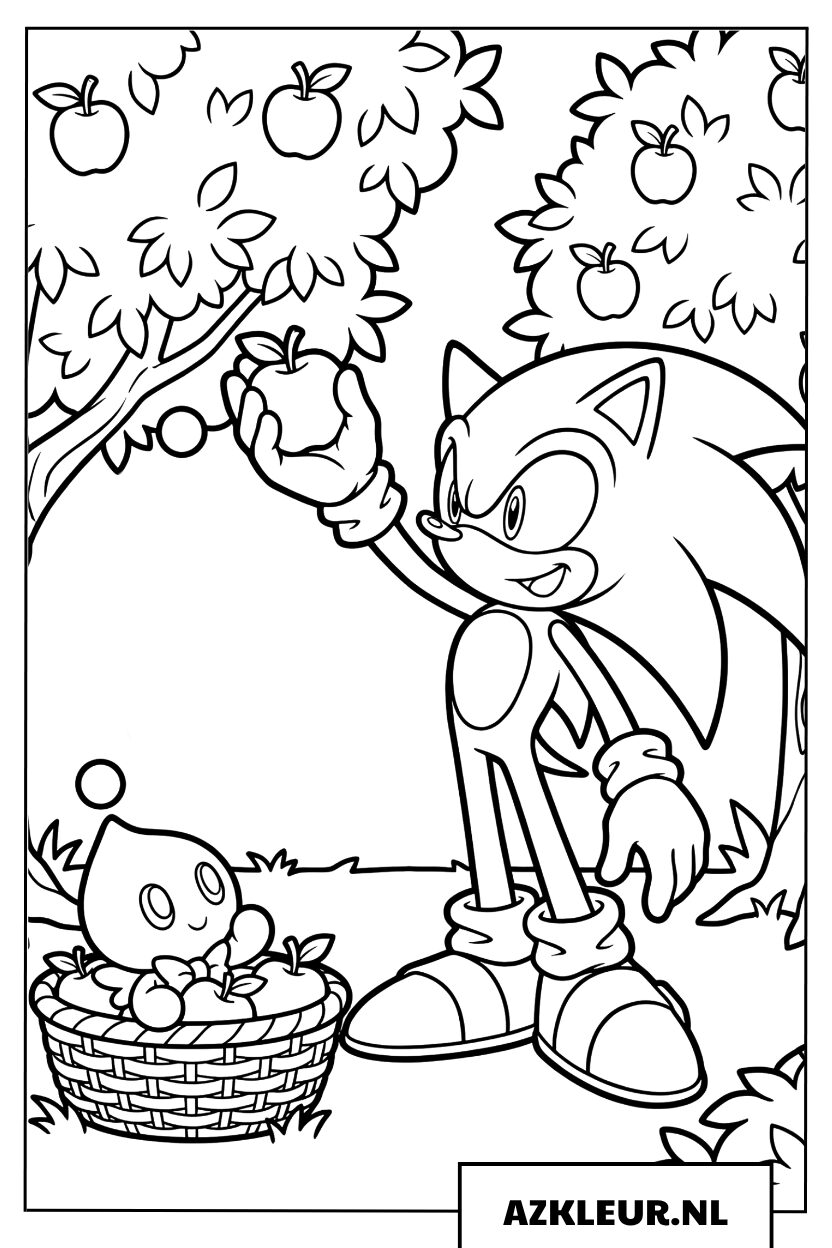 Kleurplaat van Sonic die samen met een Chao rijpe appels plukt in de tuin