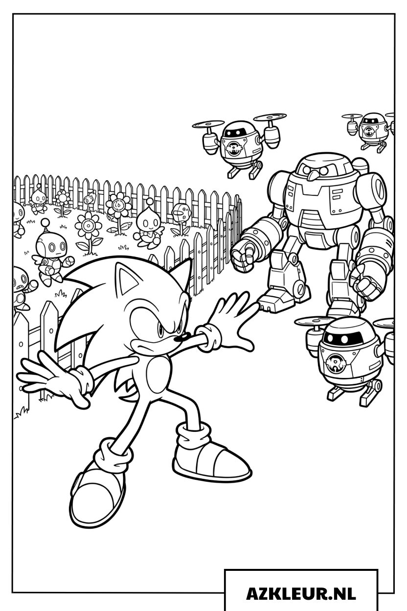 Kleurplaat van Sonic die strijdt tegen een leger van reusachtige robots