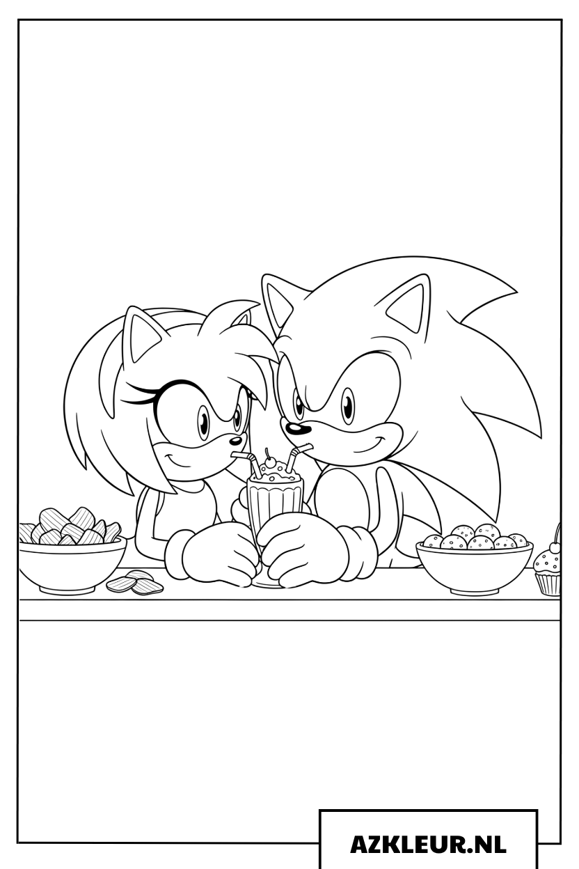 Kleurplaat van Sonic en Amy Rose die gezellig samenzitten in een feestelijke sfeer