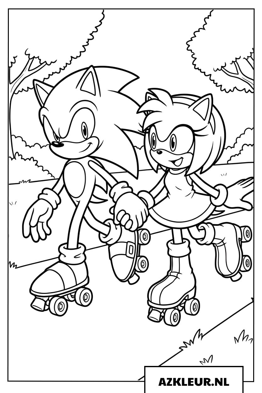 Kleurplaat van Sonic en Amy Rose die vrolijk hand in hand aan het rolschaatsen zijn