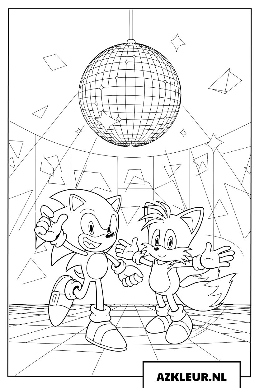Kleurplaat van Sonic en Tails die samen dansen op de verlichte dansvloer