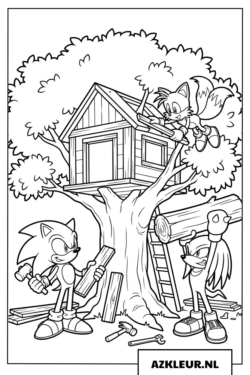 Kleurplaat van Sonic met Tails en Knuckles die samen een boomhut bouwen