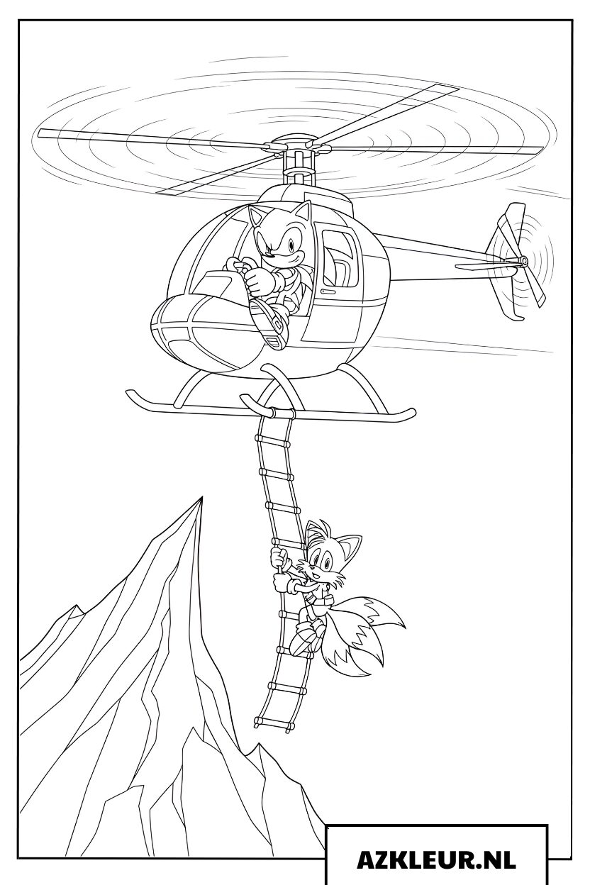 Kleurplaat van Tails die een helikopter bestuurt terwijl Sonic aan de ladder hangt