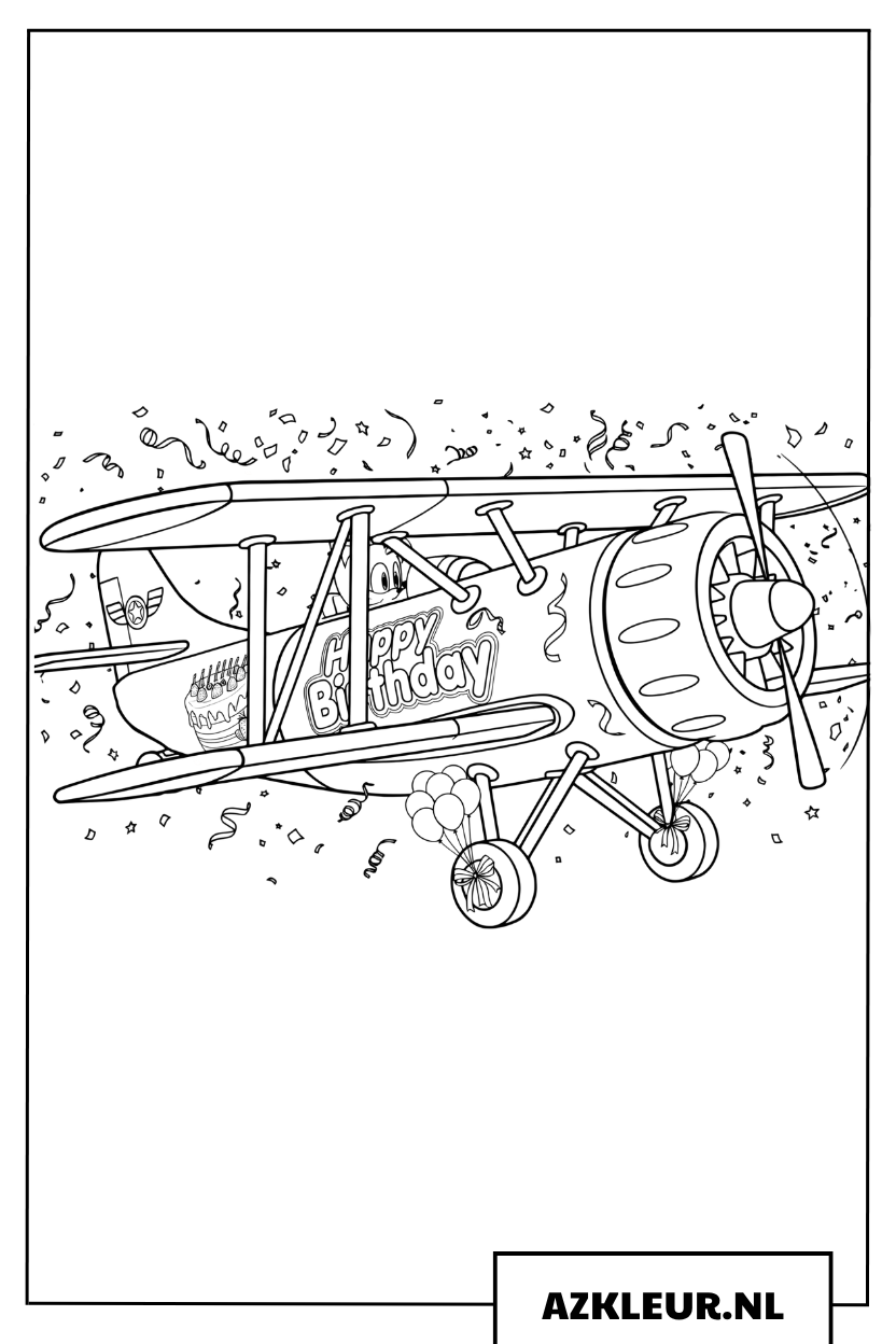 Kleurplaat van Tails’ vliegtuig die versierd là với feestelijke confetti