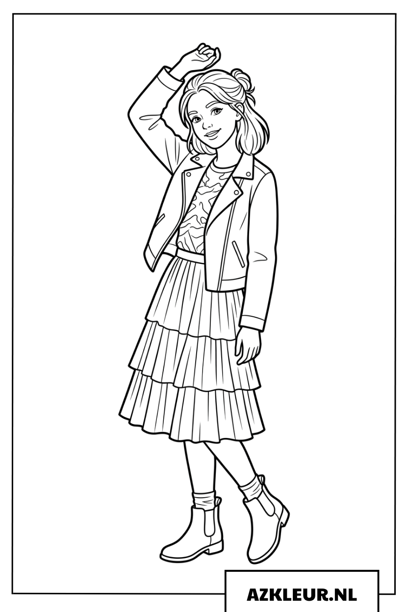 Topmodel in stijlvolle jurk wandelt op straat kleurplaat