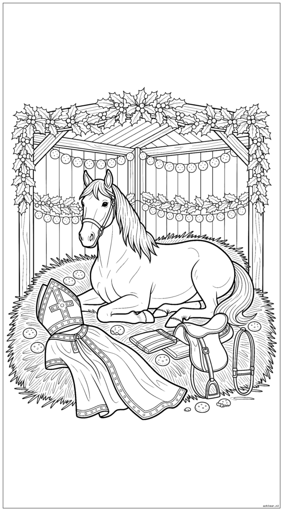 Amerigo rust uit in zijn stal versierd met slingers en pepernoten