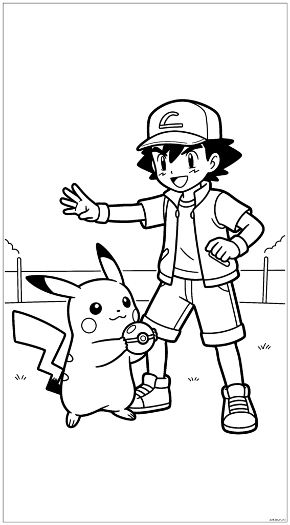 Ash Ketchum leert Pikachu hoe hij een Pokeball moet gooien in een trainingsveld
