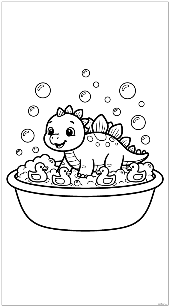 Baby stegosaurus neemt een bubbelbad met badeendjes
