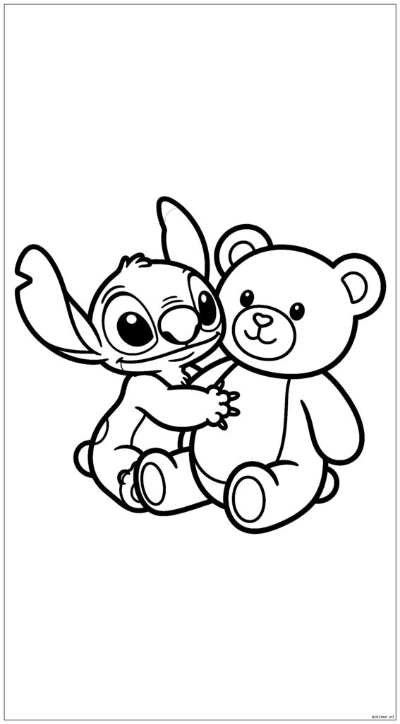 Baby Stitch knuffelt een grote teddybeer met eenvoudige vormen en minimale kenmerken